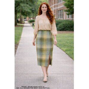 Vintage Talbots Linen Skirt 12 Plaid A Line Side Slit Poet Heritage 100% Linen